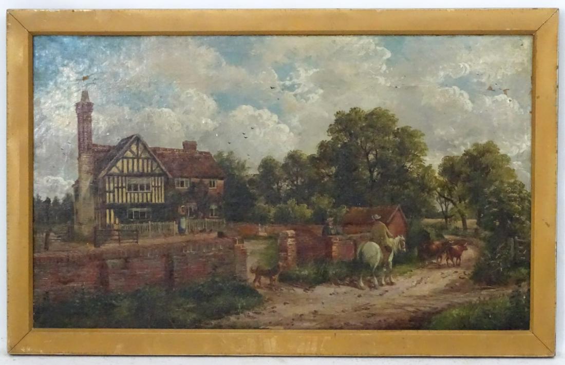 Possibly John Joseph Hughes, XIX-XX, Oil on canvas,: Possibly John Joseph Hughes, XIX-XX, Oil on canvas, Figures conversing outside an old Tudor house, Signed lower left. 18 x 30''
