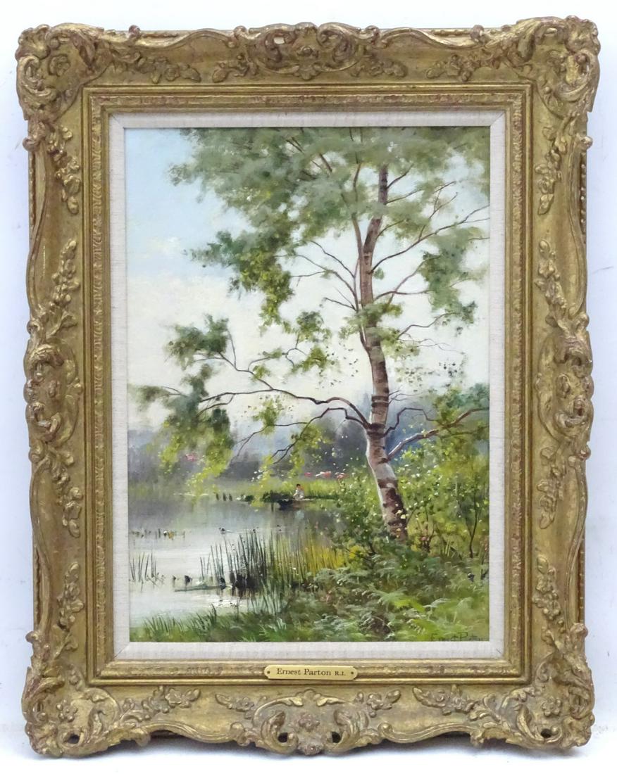 Earnest Parton 1845-1933), RI, Oil on canvas, 'On the: Earnest Parton 1845-1933), RI, Oil on canvas, 'On the Breathay, Nr.Ambleside, Windermere ' figure and a punt on a silver birch bordered river. Signed lower right and labelled under, titled verso. 14 1