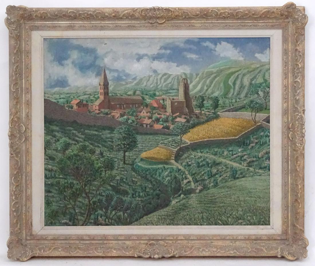 Charles Ginner (1878-1952), Oil on canvas, A: Charles Ginner (1878-1952), Oil on canvas, A continental vista with church , ruins and building before hills, Ascribed verso and has Benezit label entry affixed. 24 1/2 x 29 1/2''