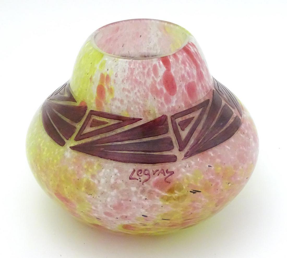 Auguste Legras glass: an Art Deco signed shaped vase,: Auguste Legras glass: an Art Deco signed shaped vase, with cameo cut band and marbled glass finish. 6 1/2'' diameter x 5'' high.