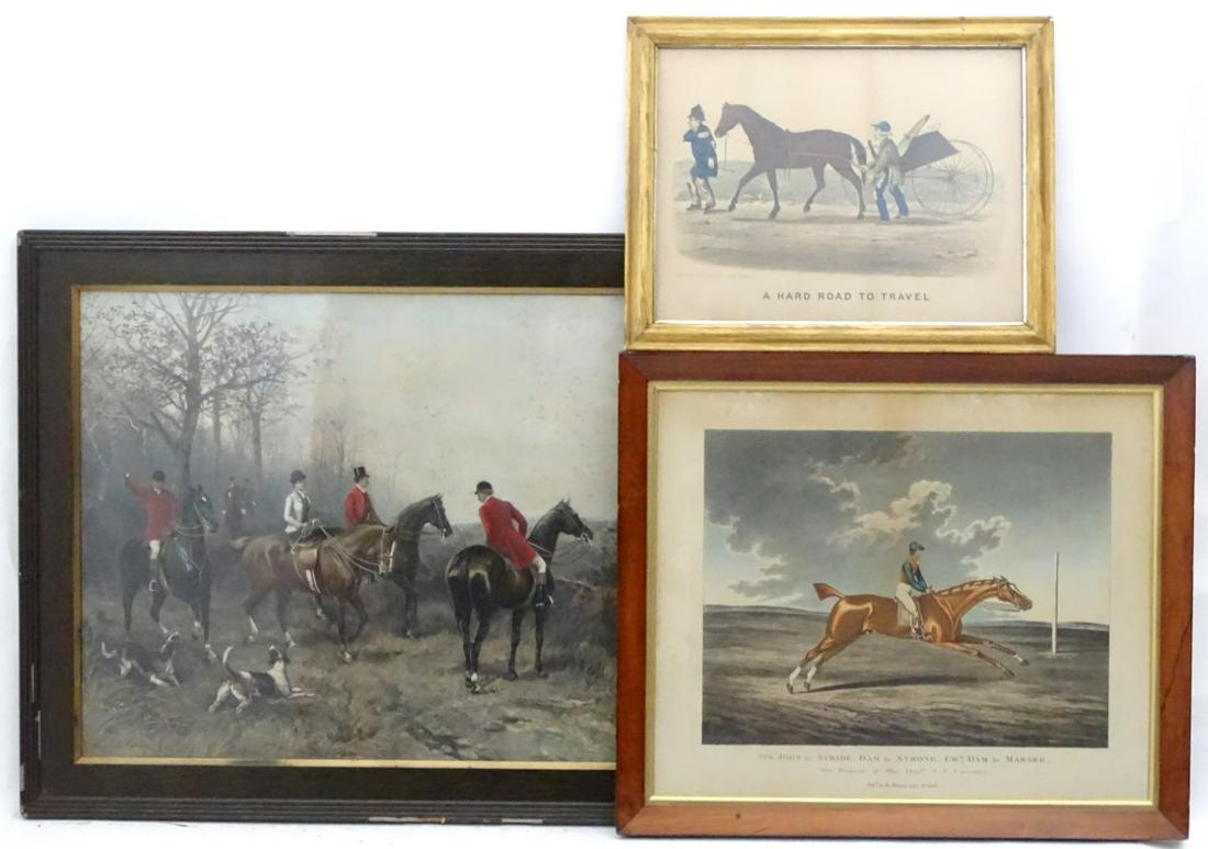 3 assorted equine prints, After Heywood Hardy 18, Hand: 3 assorted equine prints, After Heywood Hardy 18, Hand coloured print, 19 1/4'' x 28 3/4'' Hand colour Racehorse Lithograph after G Stubbs 'Sir John by Stride, Dam by Strone, Grd Dam by Marske' 17 x 2