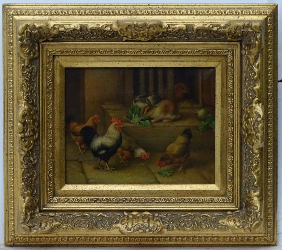 Follower of Edgar Hunt, XX, Oil on canvas, Hens and: Follower of Edgar Hunt, XX, Oil on canvas, Hens and rabbits, In a heavy gilt frame. 7 3/4 x 10''