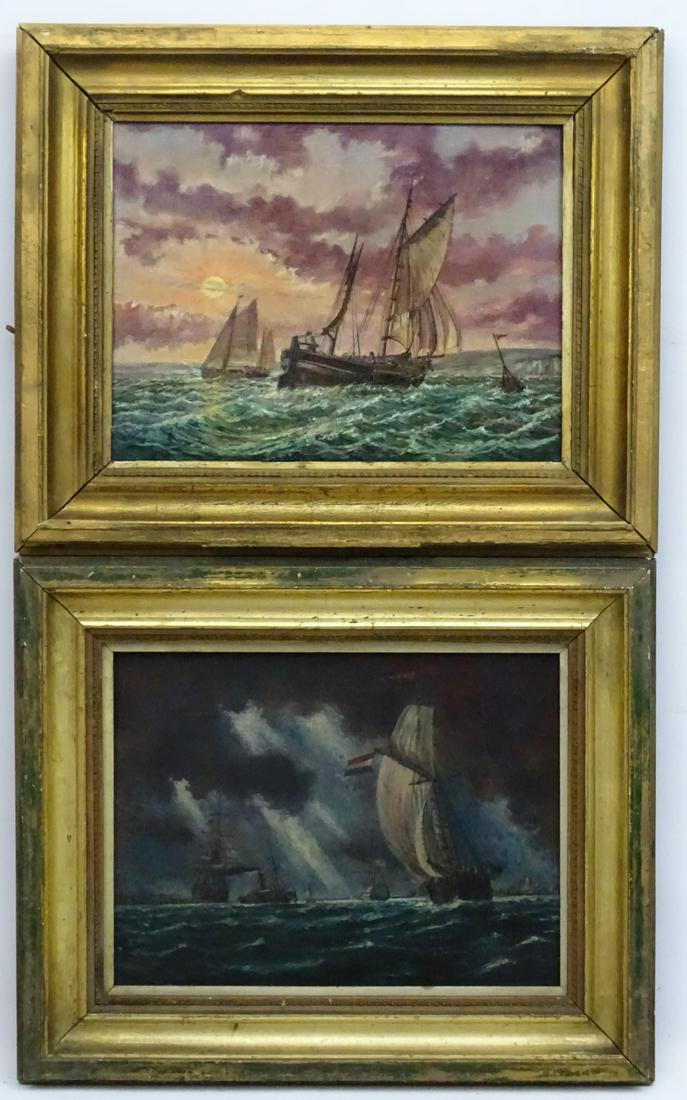 Follower of Thomas Atkins Marine School, Oil on canvas,: Follower of Thomas Atkins Marine School, Oil on canvas, Seascape with shipping, 11 x 14 1/2. Together with another depicting Dutch shipping, paddle steamer, tall ships etc 11 x 14 3/4