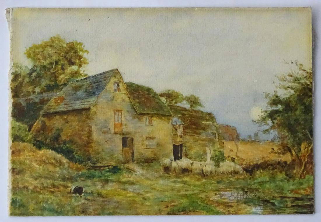 Ernest Albert Waterlow (1850-1919) RA, Watercolour,: Ernest Albert Waterlow (1850-1919) RA, Watercolour, 'Harvest Moon' over sheep by a stone house and buildings, Signed lower right and named with title verso. 5 x 7 3/8''