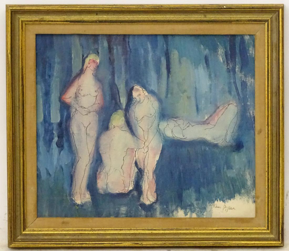 Circle of John Piper, Pen ink and Oil on canvas board,: Circle of John Piper, Pen ink and Oil on canvas board, Four female nudes, Signed lower right. 12 x 14 1/4''