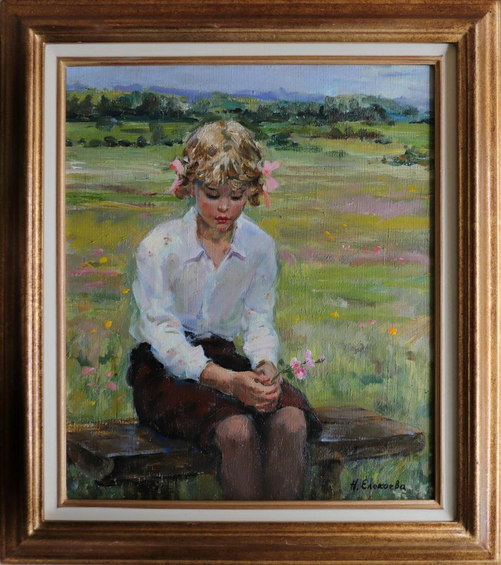 Nina Reinoldovna Elikoeva (b.1961), Russian, Oil on: Nina Reinoldovna Elikoeva (b.1961), Russian, Oil on canvas, Young girl sitting on a bench, A country landscape with a portrait of a young girl holding a flower, Signed lower right. 19'' x 16 1/4''