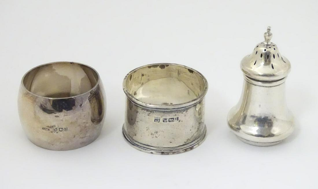 3 silver items comprising napkin ring hallmarked: 3 silver items comprising napkin ring hallmarked Sheffield 1903 maker Fordham & Faulkner, a napkin ring hallmarked Sheffield 1956 maker James Dixon & Sons Ltd and a pepperette hallmarked Birmingham 19