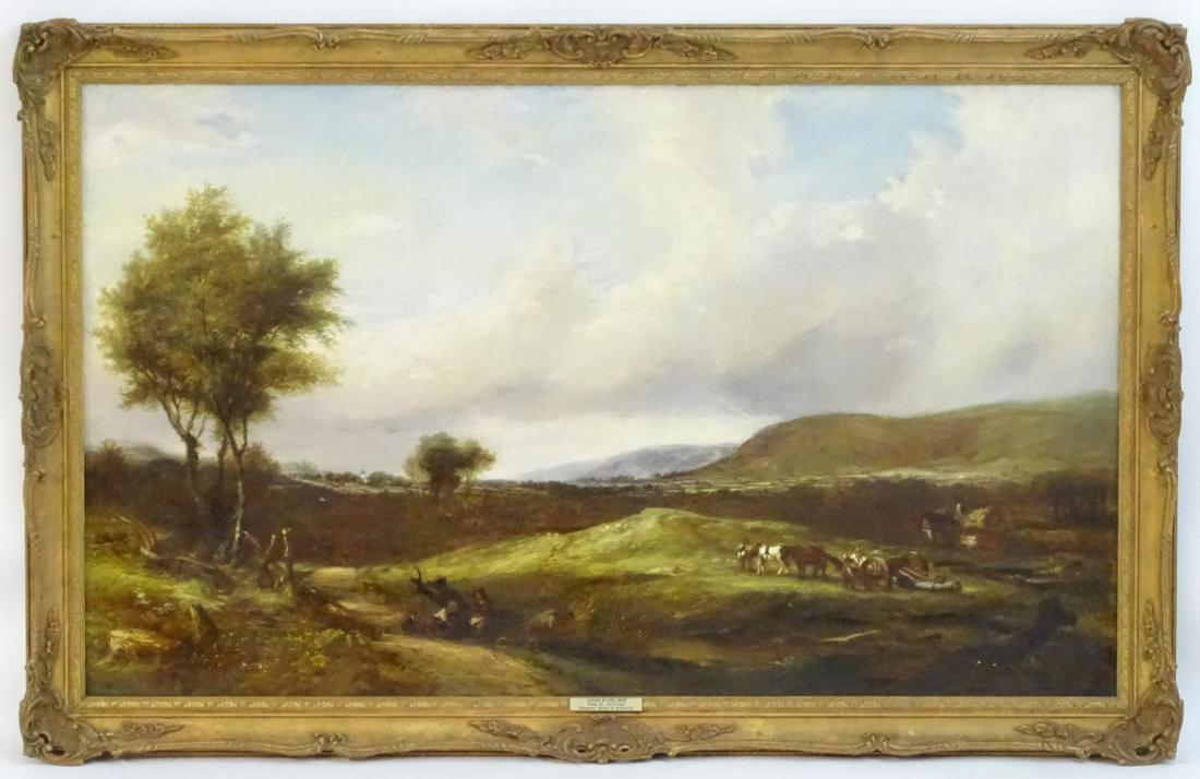 Attrib. to James Stark, 1835, Oil on canvas, 'View nr: Attrib. to James Stark, 1835, Oil on canvas, 'View nr Hastings, Beachey Head in Distance', An English landscape with figures and a dog on a path, figures with horses and a cart, and oast houses in the