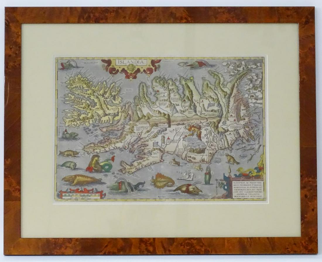 A print of Abraham Ortelius' map of Islandia - Iceland,: A print of Abraham Ortelius' map of Islandia - Iceland, from his atlas 'Theatrum Orbis Terrarum'. Detailing Iceland's mountains, fjords, glaciers volcanoes, coastline, as well as mythical beasts and s