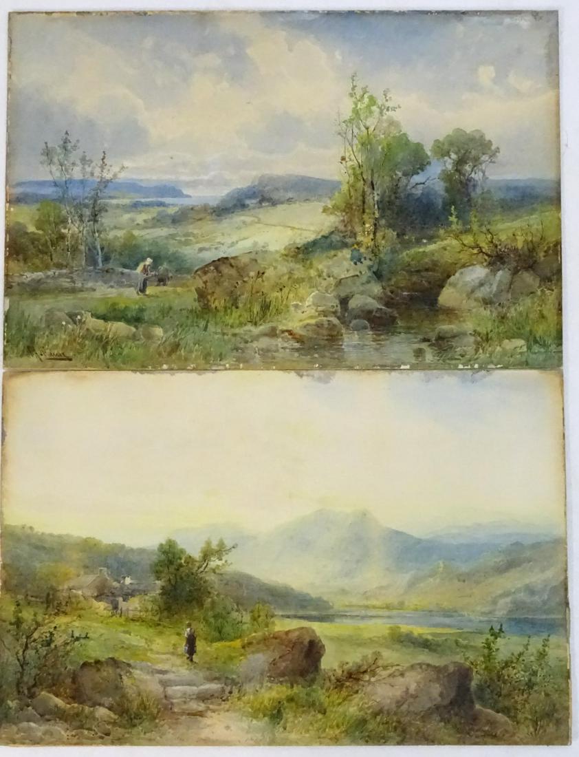 Emil Axel Krause, XIX-XX, Watercolours, a pair, A: Emil Axel Krause, XIX-XX, Watercolours, a pair, A mountain landscape with woman carrying pails towards farm buildings next to a lake; & Figures in a rocky landscape with a stream and the sea beyond. S