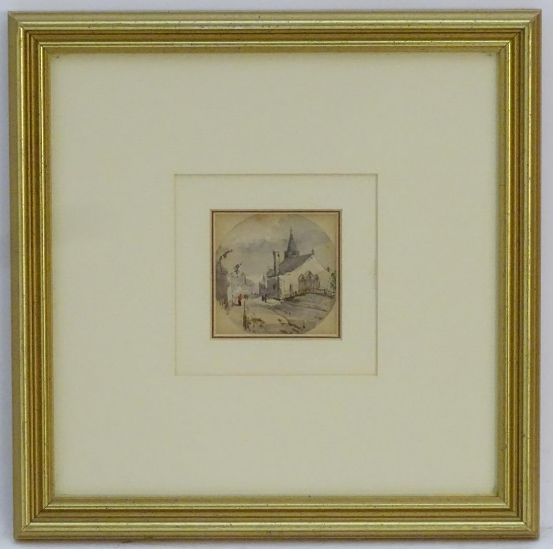 George Robert Vawser Jnr., (1800-1888), English School,: George Robert Vawser Jnr., (1800-1888), English School, Watercolour, a tondo, A Continental street scene with a church and figures, Ascribed verso. Approx. 2 1/2'' x 2 1/2''
