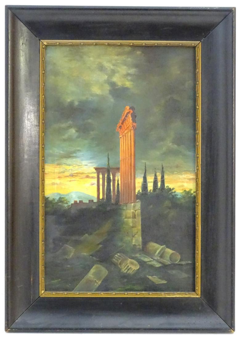 H. G., XX, Oil on canvas, A landscape view with: H. G., XX, Oil on canvas, A landscape view with classical ancient ruins at sunset, Signed and dated 1911 lower right. Approx. 20 1/4'' x 12 1/2'' Category: PAINTINGS & PRINTS