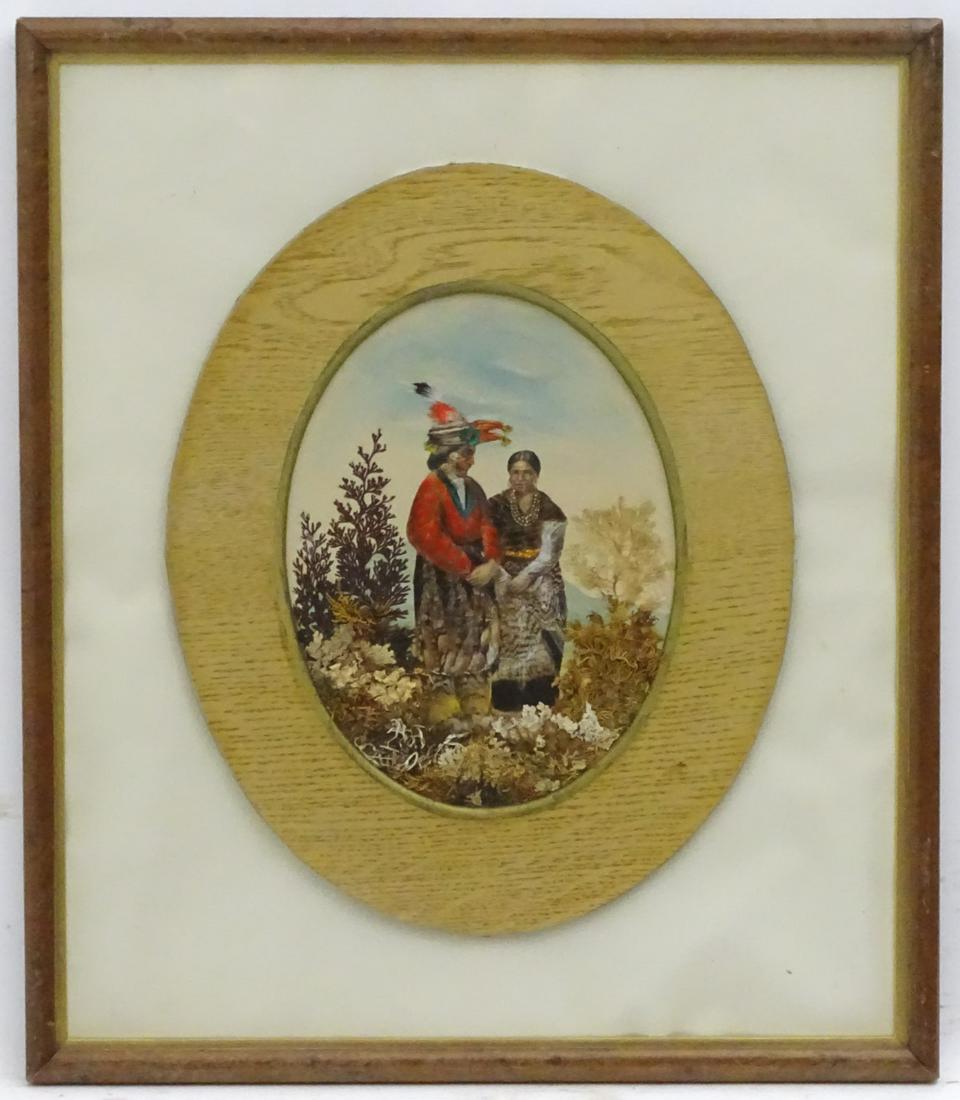 XX, Mexican School, Feathers and foliage on paper, an: XX, Mexican School, Feathers and foliage on paper, an oval, A featherwork portrait of two Native Americans, possibly of the Kickapoo tribe, Ascribed verso. Approx. 8 1/2'' x 6 1/4'' Category: PAINTING
