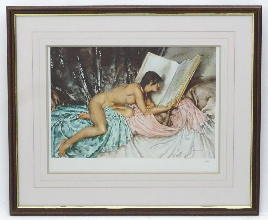 After Sir William Russell Flint (1880 - 1969), Limited: After Sir William Russell Flint (1880 - 1969), Limited edition colour print, ' Janelle and the volume of treasures' , Numbered 752 of 850, With blind stamp. Approx 14'' x 20'' Category: PAINTINGS & P