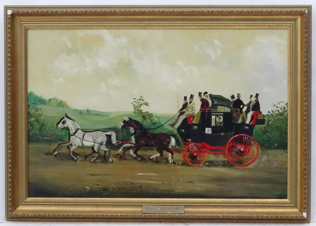 After William Shayer, XX, Oil on canvas, 'Kershaws: After William Shayer, XX, Oil on canvas, 'Kershaws Stage Coach 1850' (John Kershaw, Hitchin London) the original is now in Hitchin Museum. Historically important. The stage coach ran from The Sun Hote