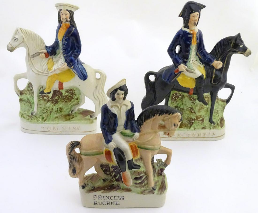Three Victorian Staffordshire pottery flatback figures: Three Victorian Staffordshire pottery flatback figures on horseback, to include Dick Turpin, Tom King and Princess Eugene. Each titled to base. Tallest 11 ½'' high.