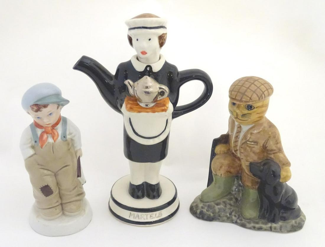 Three assorted ceramic items, comprising a Tony Carter: Three assorted ceramic items, comprising a Tony Carter limited edition (no. 1153/2000) novelty teapot by formed as a maid carrying a teapot titled Martels. Marked under. Approx. 9'' high. Together wit