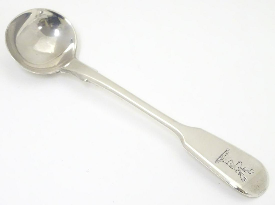 A silver fiddle pattern salt spoon hallmarked London: A silver fiddle pattern salt spoon hallmarked London 1837 maker BS 4'' long