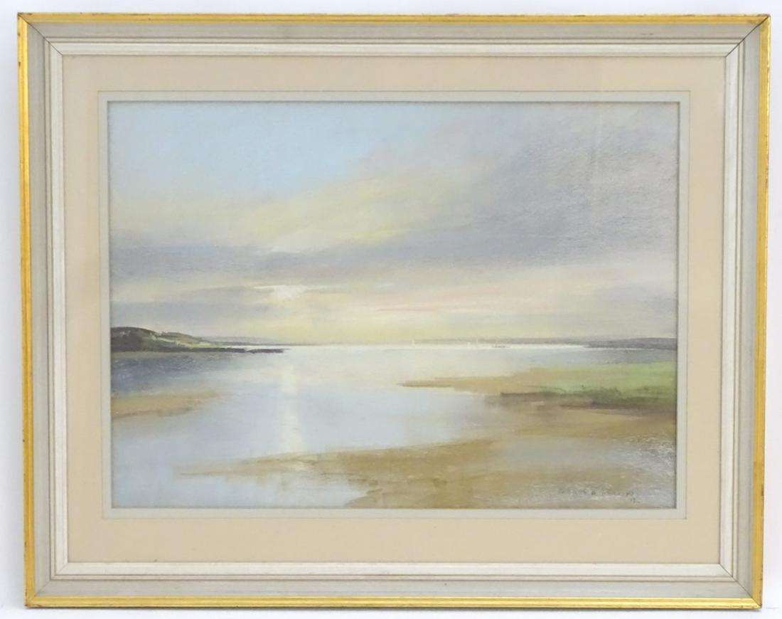 Aubrey R. Phillips, XX, Scottish School, Pastel, A: Aubrey R. Phillips, XX, Scottish School, Pastel, A Calm Evening in the Hebrides, A seascape at sunset, Signed and dated (19)92 lower right and gallery label verso. Approx. 19 1/2'' x 27''