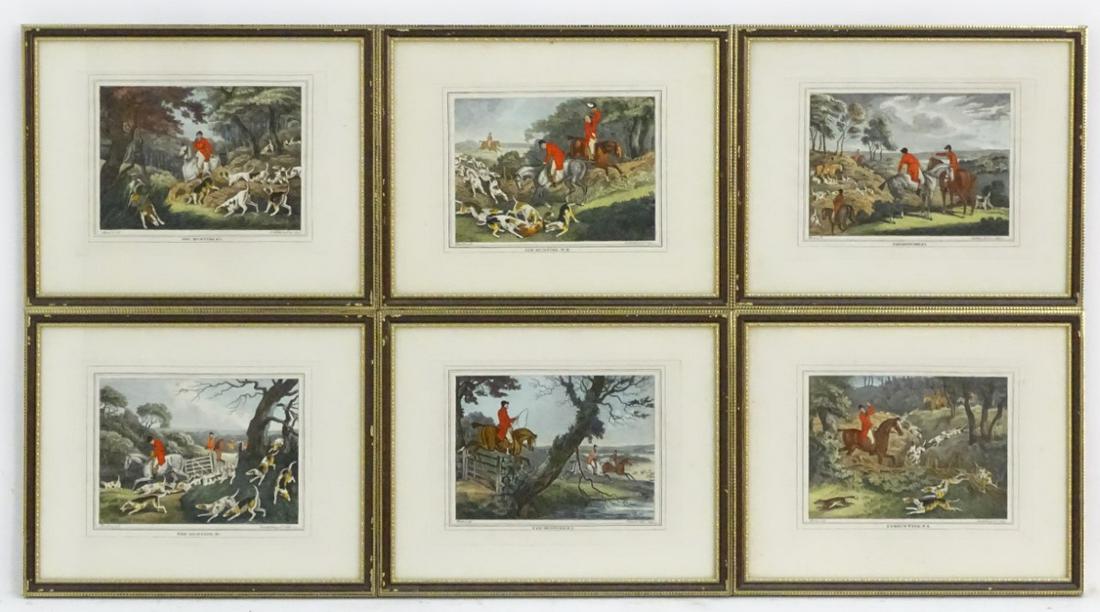 After William Samuel Howitt (1756-1822), A set of six: After William Samuel Howitt (1756-1822), A set of six hand coloured etchings, Fox Hunting, Landscape scenes depicting the hunt, men in hunting pinks on horseback with pointer dogs, Titled under. Each 