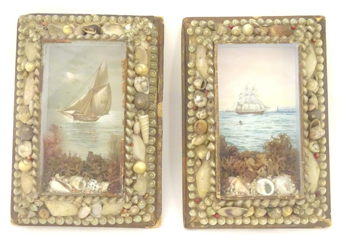 Two 19thC folk art sailors valentine easel back: Two 19thC folk art sailors valentine easel back dioramas in shadow box frames depicting boat scenes, an arrangement of shells and seaweed upon a print of a sailing ship, with a shell border. Approx. 7