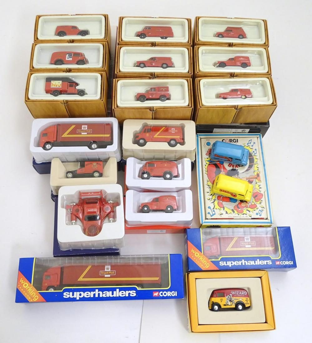 Toys: A quantity of assorted Corgi die-cast scale model: Toys: A quantity of assorted Corgi die-cast scale model vehicles advertising Royal Mail, to include Morris J van, Morris Minor van, Model T Ford, Mercedes 207D van, SWB Lorry, Superhaulers ERF Short W
