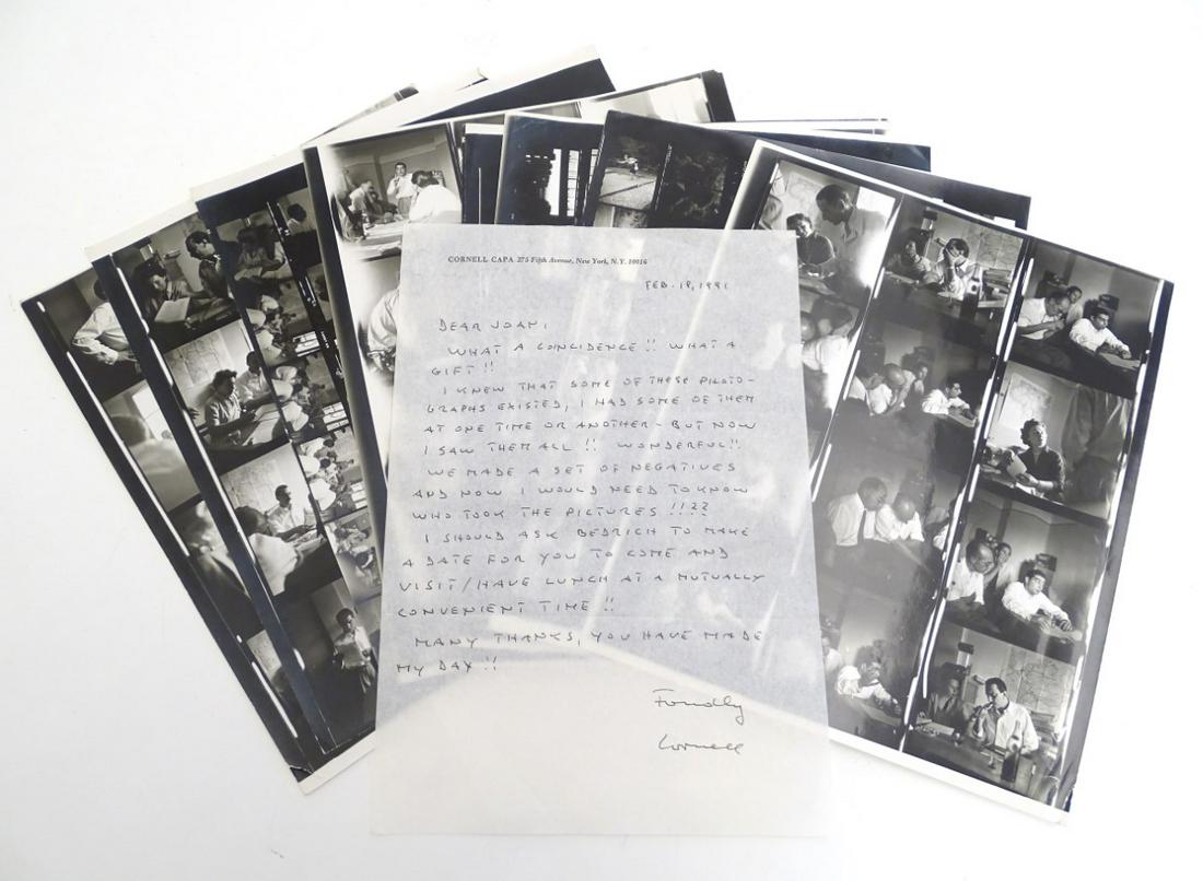 A hand-written letter by the noted 20thC photographer: A hand-written letter by the noted 20thC photographer Cornell Capa, together with nine prints of negatives depicting the photographer with friends in informal settings. Each page 10'' x 8''