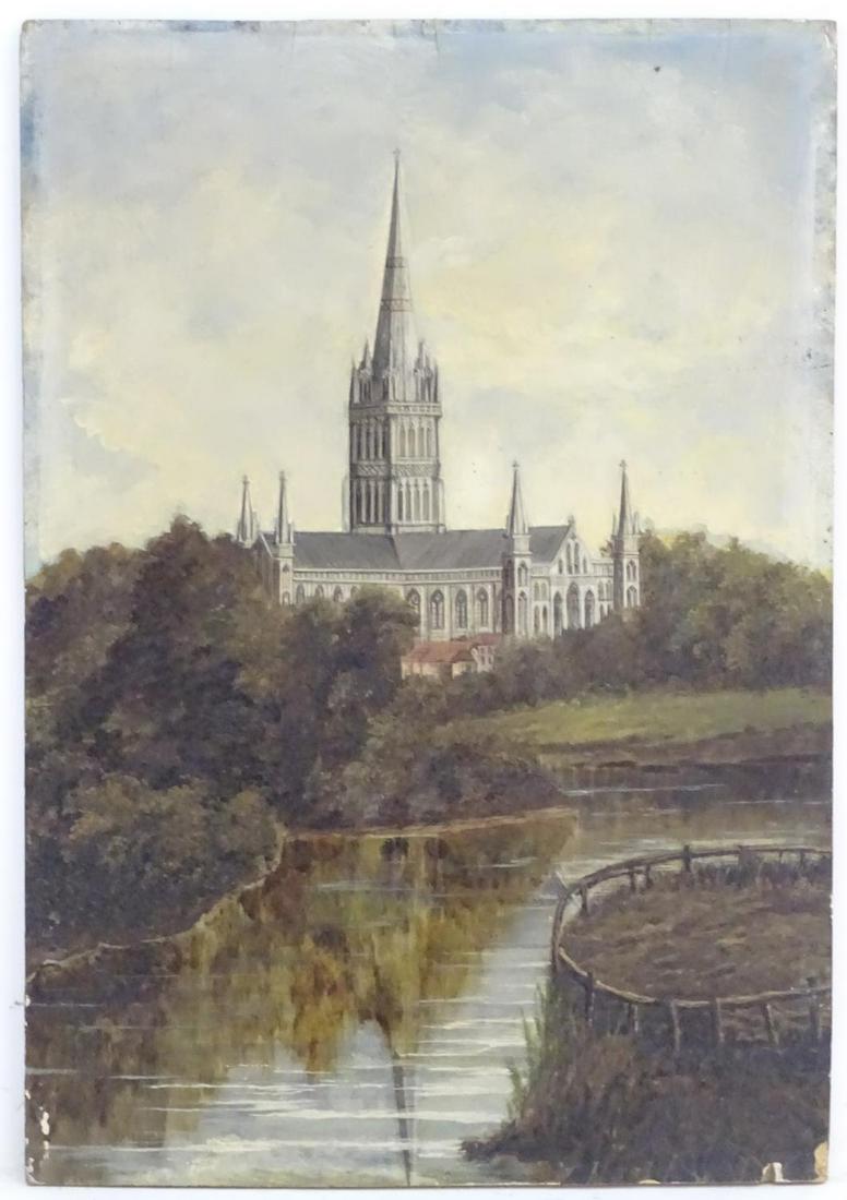 Manner of John Constable (1776-1837), English School,: Manner of John Constable (1776-1837), English School, Oil on panel, A view of Salisbury Cathedral from the River Avon, Approx. 23'' x 16''