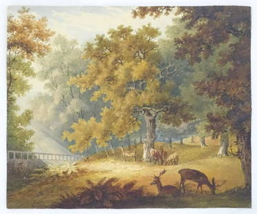 Manner of Paul Sandby (1731-1809), English School,: Manner of Paul Sandby (1731-1809), English School, Watercolour, Deer in a woodland glade, An autumnal landscape with grazing deer. Approx. 10'' x 12''