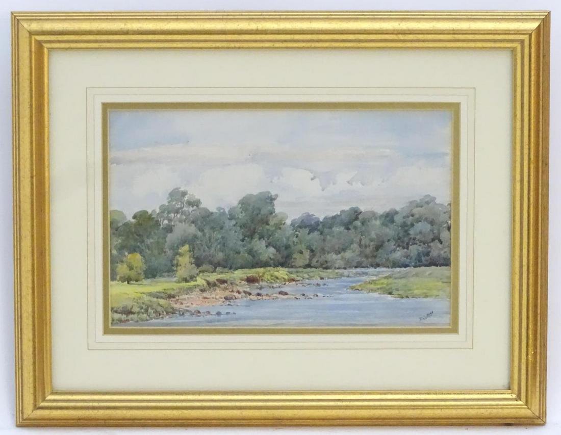 David Law (1831-1902), Scottish School, Watercolour,: David Law (1831-1902), Scottish School, Watercolour, A river landscape with woodland beyond, Signed lower right and ascribed verso. Approx. 7 1/4'' x 11 1/2''