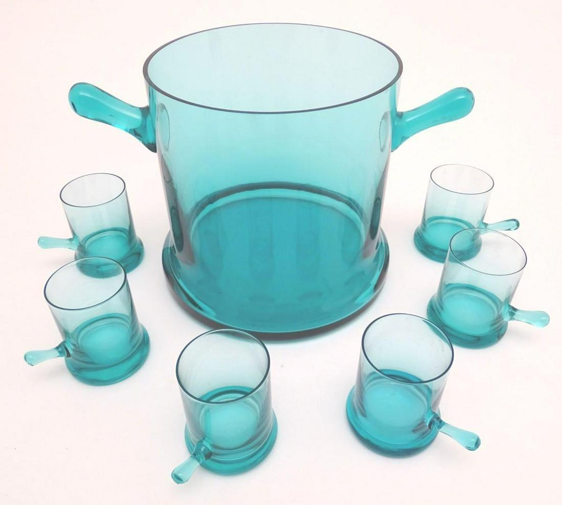 A c1970s vintage retro Holmegaard punch set in: A c1970s vintage retro Holmegaard punch set in kingfisher blue, the bowl 7" tall