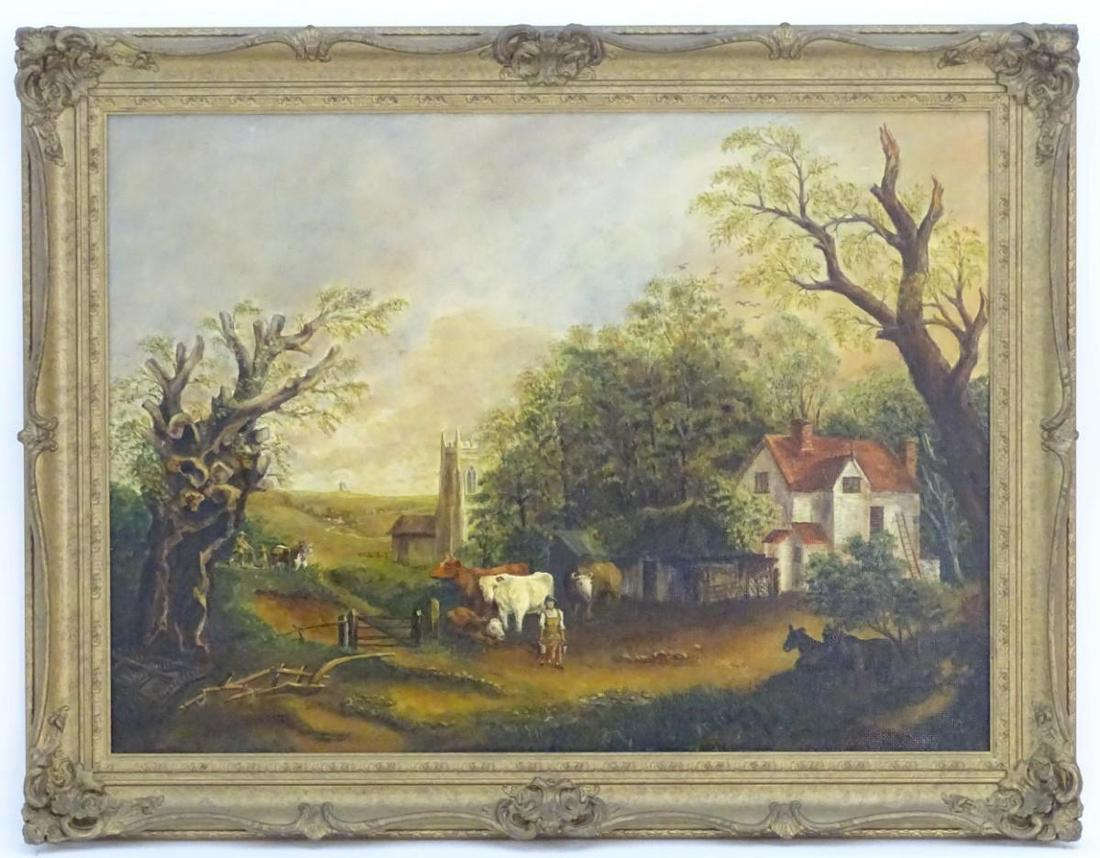 Arthur Reginald Andrews in the manner of John Constable: Arthur Reginald Andrews in the manner of John Constable (1776-1837), XX, Oil on board, A farmstead yard with cows and donkeys, with a horse and cart approaching a church beyond and a windmill on the h