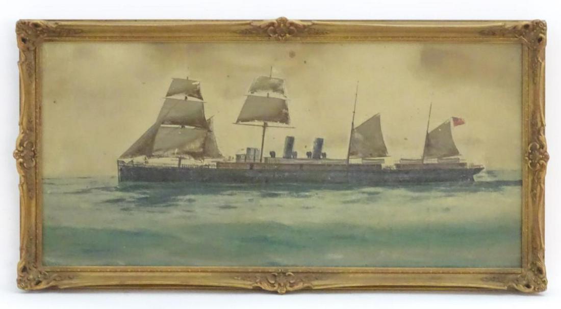 Early XX, Neapolitan School, Watercolour and gouache,: Early XX, Neapolitan School, Watercolour and gouache, A steam sail merchantman at sea, the ship flying a British ensign, Approx. 11" x 23 1/4"