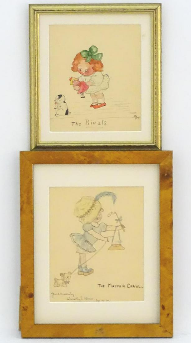 Dorothy Dale, 1914, Watercolour, 'The Mayfair Crawl',: Dorothy Dale, 1914, Watercolour, 'The Mayfair Crawl', A cartoon illustration of a young girl wearing a hat with a small dog, Signed, titled and dated lower left. Approx. 6 3/4" x 5 1/2" Together with 