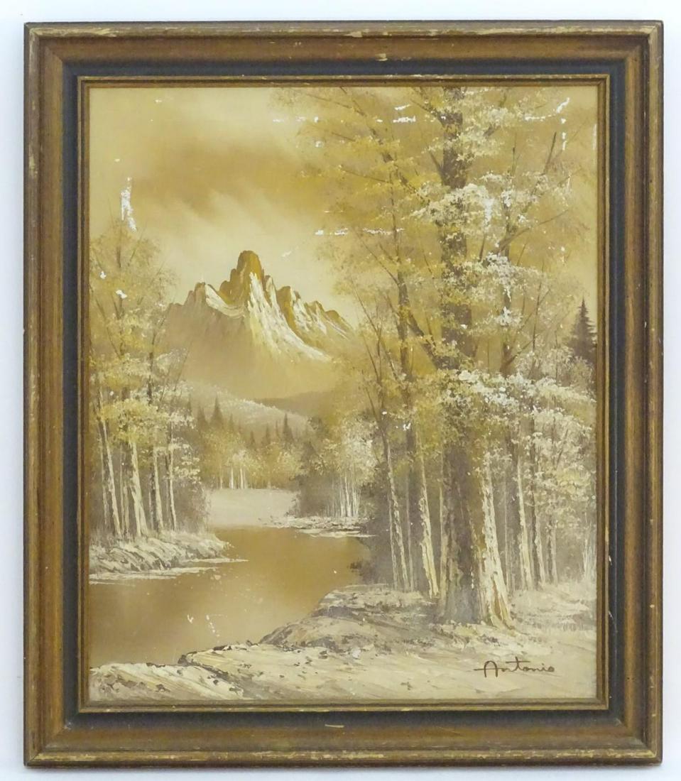 Antonio, XX, Continental School, Oil on canvas, A: Antonio, XX, Continental School, Oil on canvas, A winter landscape with a wooded river and mountains beyond. Signed lower right. Approx. 23 1/2" x 19 1/4"