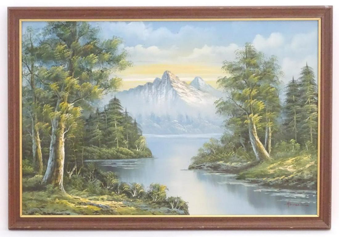Hansen, XX, Oil on canvas, A landscape view of a lake: Hansen, XX, Oil on canvas, A landscape view of a lake with mountains beyond. Signed lower right. Approx. 23 1/2" x 35 3/4"