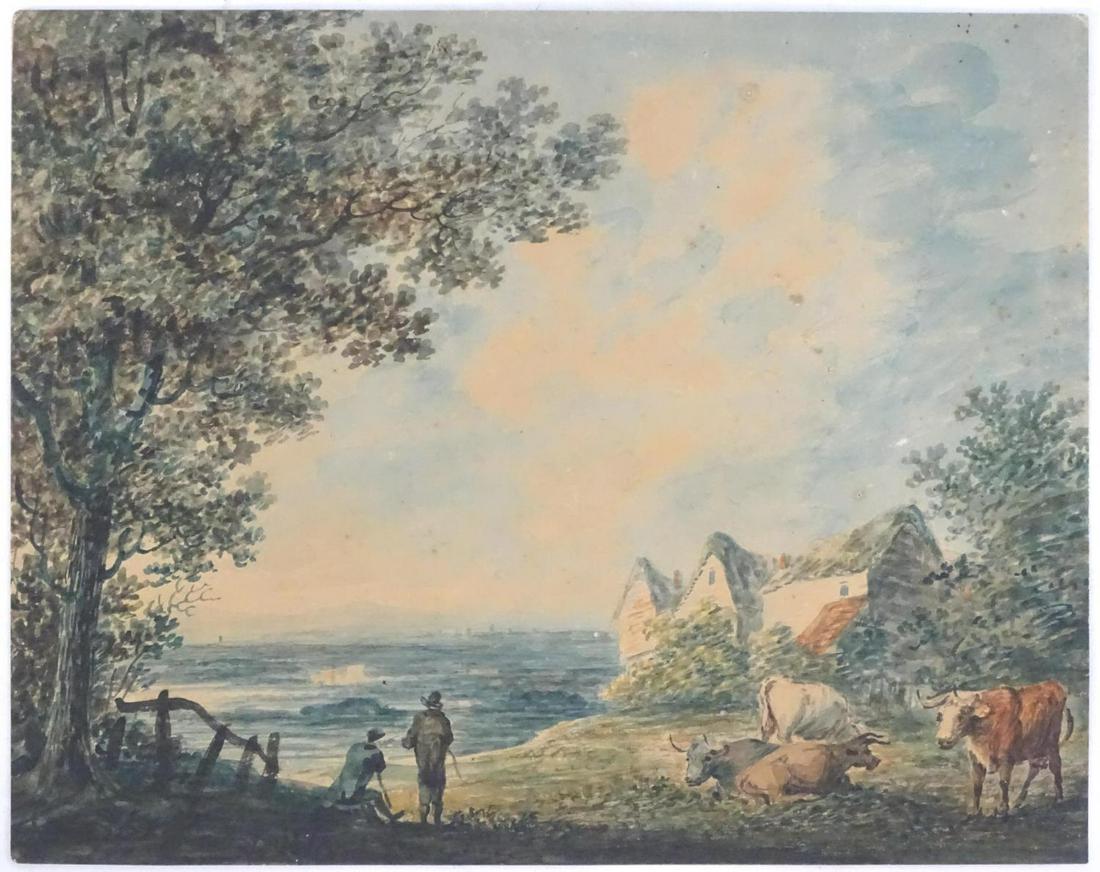 Manner of John Robert Cozens (1752-1799), Watercolour,: Manner of John Robert Cozens (1752-1799), Watercolour, A coastal scene with two figures and cattle / cows, with country cottages beyond. Approx. 10'' x 12 1/4''