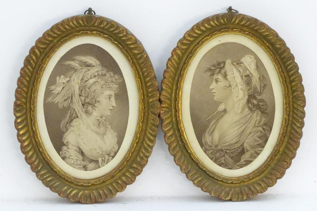 A pair of Francesco Bartolozzi oval stipple engravings: A pair of Francesco Bartolozzi oval stipple engravings after J. H. Benwell, A St James's Beauty, a right profile portrait of an upper class woman from St. James's with her hair tied in ribbons and fea