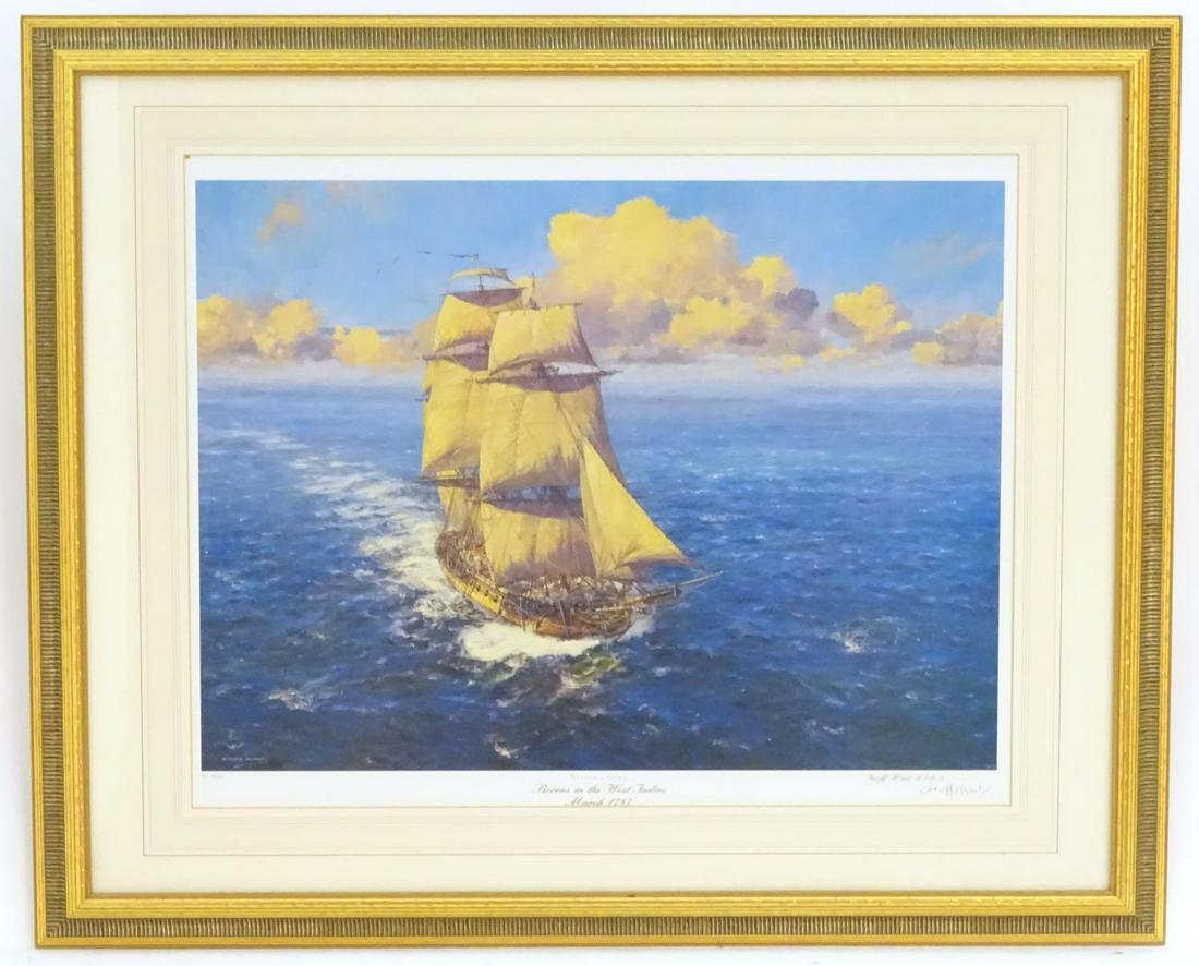 After Geoffrey William Hunt (1948-2008), Limited: After Geoffrey William Hunt (1948-2008), Limited edition lithograph, HMS Boreas, commanded by Nelson, in the West Indies in 1787. Signed in pencil lower right, further details verso, Approx. 17" x 22