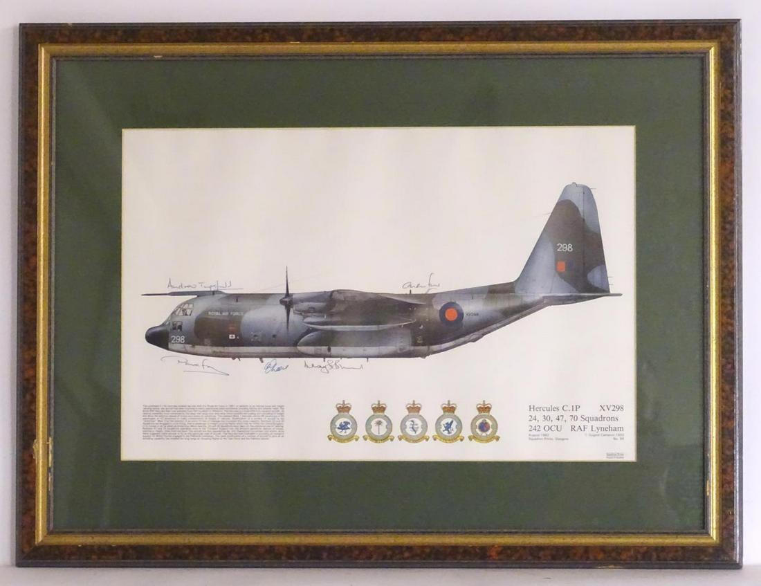 Militaria: after Dugald Cameron XX, a polychrome print: Militaria: after Dugald Cameron XX, a polychrome print of Lockheed C-130 Hercules XV298 of 47 Squadron RAF. Pub. Squadron Prints (No. 88), 1982. Signed by its crew. 17" x 11" Hercules XV298 crashed on