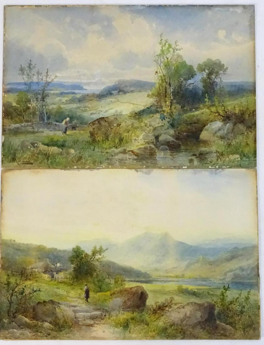 Emil Axel Krause, XIX-XX, Watercolours, a pair, A: Emil Axel Krause, XIX-XX, Watercolours, a pair, A mountain landscape with woman carrying pails towards farm buildings next to a lake; & Figures in a rocky landscape with a stream and the sea beyond. S
