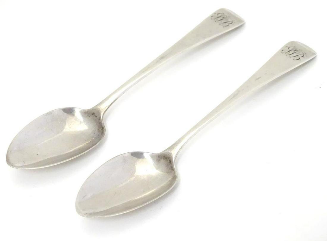 A pair Victorian silver Old English tea spoons,: A pair Victorian silver Old English tea spoons, Hallmarked London 1840, maker Charles Boyton. Approx. 5 1/4" long