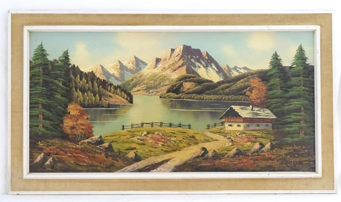 Indistinctly signed Berger, Manner of Bob Ross: Indistinctly signed Berger, Manner of Bob Ross (1942-1995), XX, Oil on canvas, Alpine scene, A landscape with a lake, cabin / cottage, trees and mountains beyond. Signed lower right. Approx. 19 1/4" x