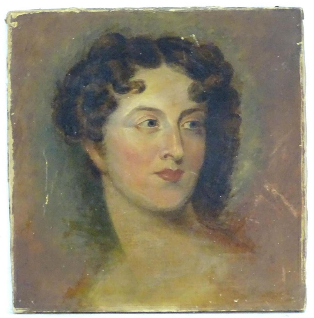 After John Wood (1801-1870), after Thomas Lawrence: After John Wood (1801-1870), after Thomas Lawrence (1769-1830), English School, Oil on canvas, Head of a Lady, A portrait of a woman. Approx. 14" x 13 1/2"