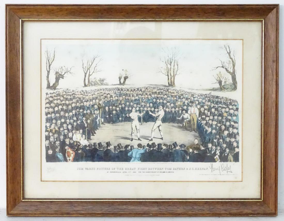 After James Ward (1769-1859), Limited edition hand: After James Ward (1769-1859), Limited edition hand coloured lithograph, no. 62/200, Jem Ward's Picture of the Great Fight between Tom Sayers and J. C. Heenan, at Farnborough April 17th 1860, for the c