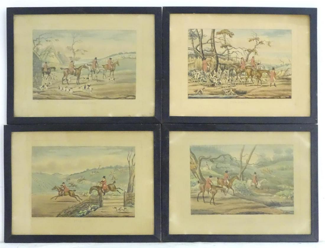 After Henry Thomas Alken (1785-1851), Hand coloured: After Henry Thomas Alken (1785-1851), Hand coloured hunting etchings, comprising Unkenneling, Breaking Cover, Full Cry, and The Death. Each approx. 7 1/4" x 10 1/2" (4) Condition Report Please Note -