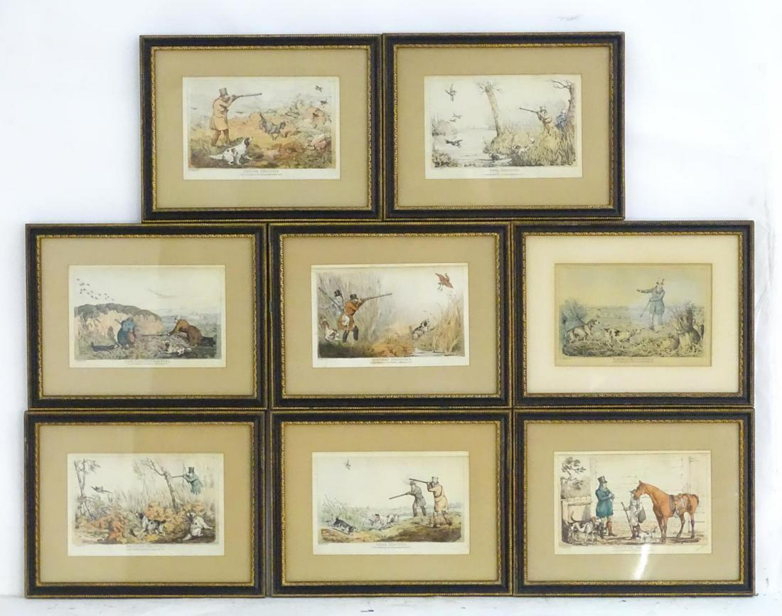 After Henry Thomas Alken (1785-1851), Hand coloured: After Henry Thomas Alken (1785-1851), Hand coloured shooting etchings, Bank Shooting for Fowl, Pheasant Shooting, Grouse Shooting, Bittern Shooting, Fowl Shooting, Snipe Shooting, Partridge Shooting a