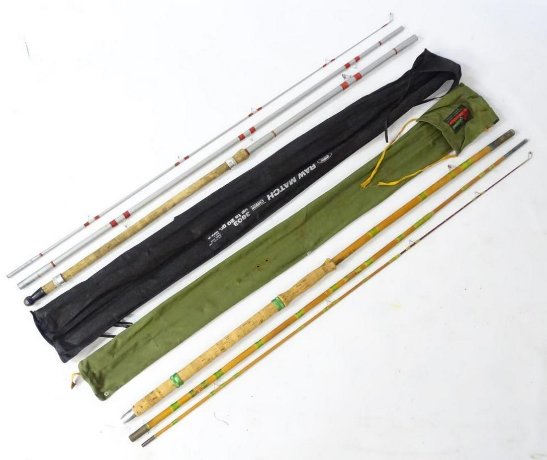 Fishing : A Lineaeffe 'Raw Match' 3 sectional 3.6m: Fishing : A Lineaeffe 'Raw Match' 3 sectional 3.6m carbon fibre coarse rod with cloth case, together with an Edgar Sealey 'Comet' 12' 3 sectional split cane match rod in an associated cloth case Condi