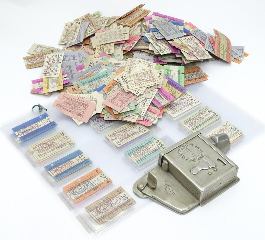 A collection of early to mid 20thC transport tickets,: A collection of early to mid 20thC transport tickets, including London Transport Coaches and Country Buses, Thames Valley Traction Co, Aldershot Traction Co, each stamped with price. Together with a 1