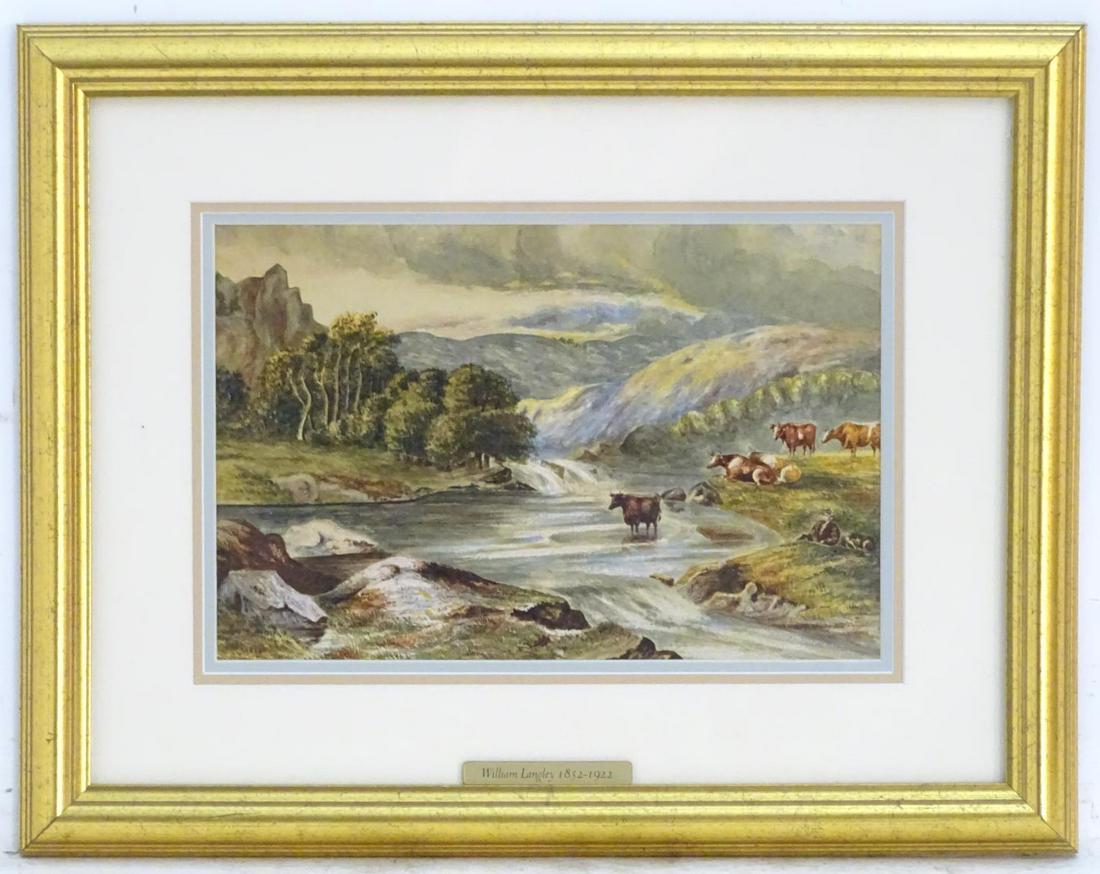 Manner of William Langley (1852-1922), English School,: Manner of William Langley (1852-1922), English School, Watercolour, A landscape scene with cattle / cows watering with mountains beyond. Approx. 7 1/2" x 11 1/4"